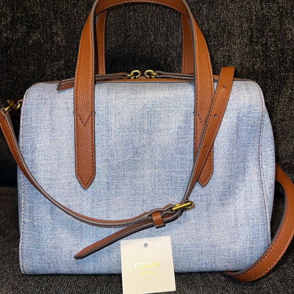 Fossil Sydney Satchel Crossbody Bag Denim & Brown Like New
